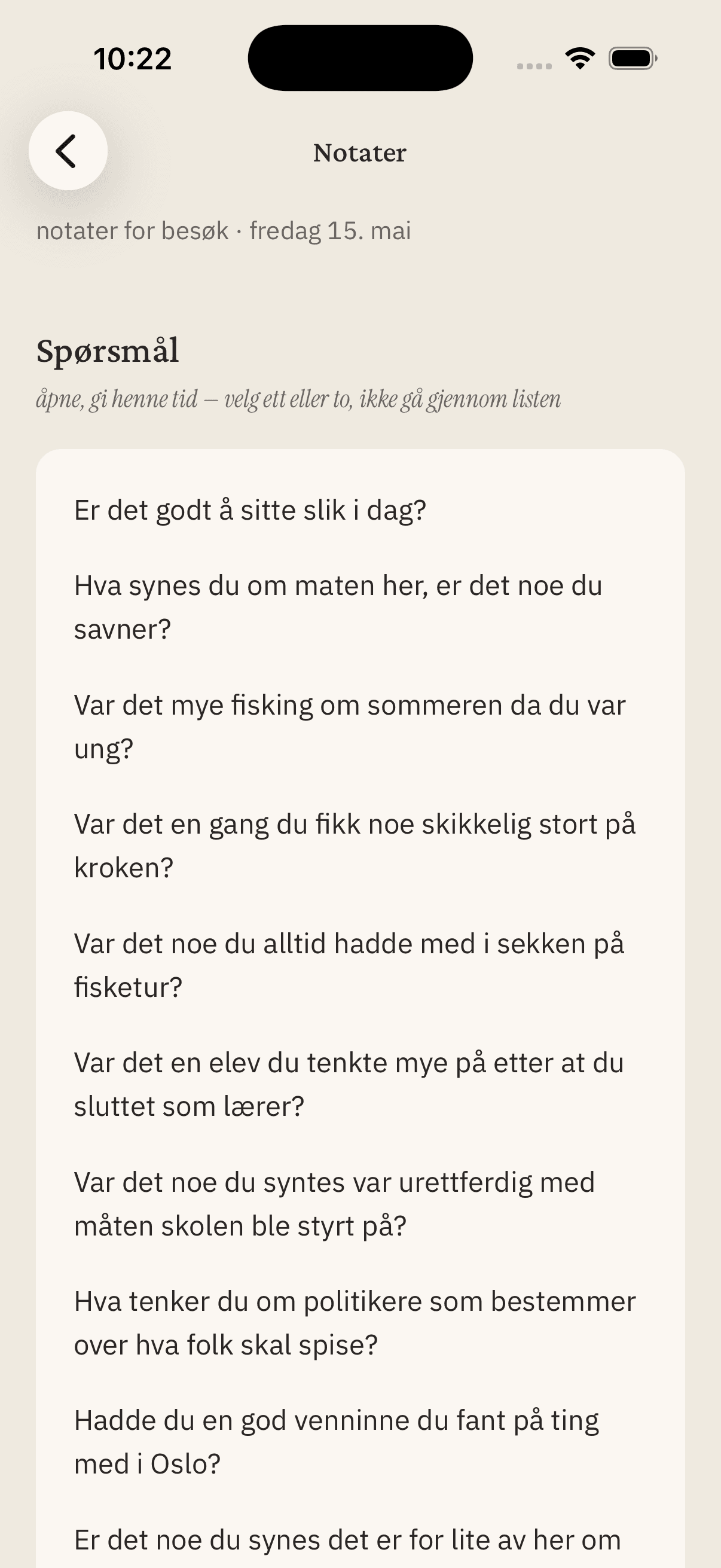 Skjermbilde av forberedelse før besøk i Stund
