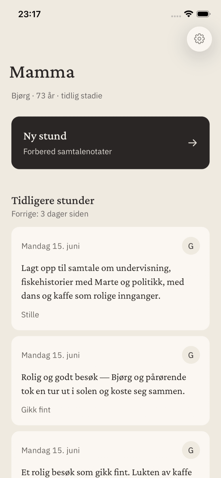 Hjem-skjermen i Stund-appen